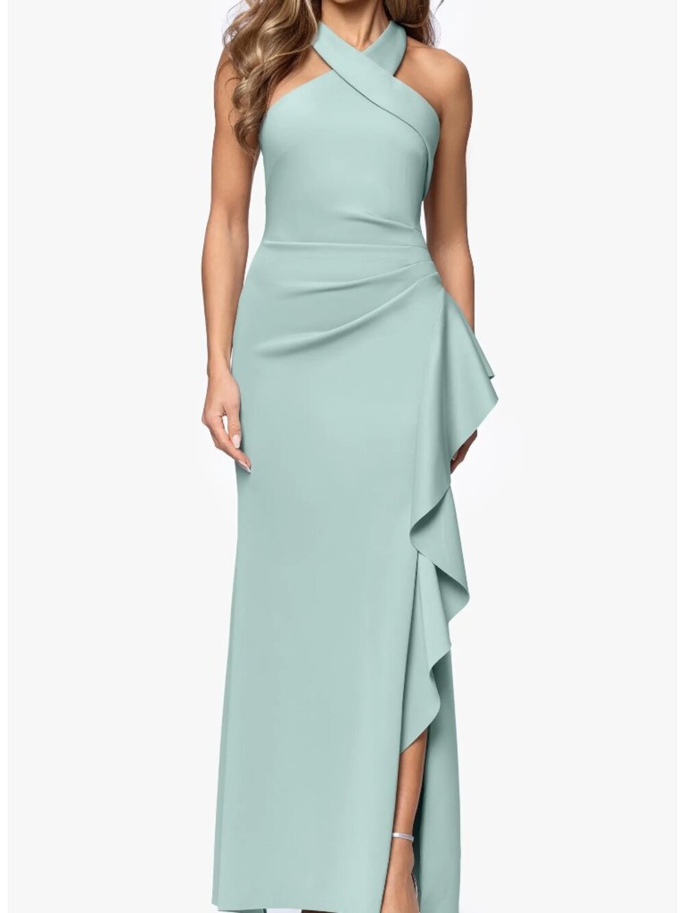 Xscape Sage Green Ruffle Crisscross Halter Scuba Crepe Gown